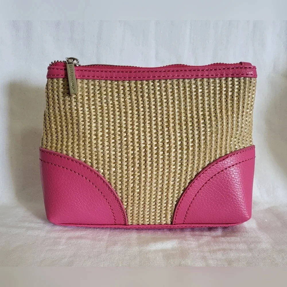 Bath & Body Works Hot Pink‎ Raffia/Straw Zippered Cosmetic/Travel Bag
